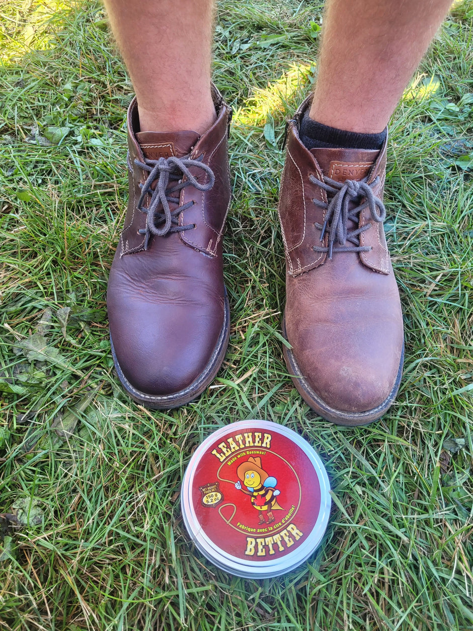 Side-by-side view of brown leather high top shoes, showing a clear contrast between a dull, scuffed left boot and a polished, conditioned right boot. The image highlights the dramatic improvement Leather Better made.