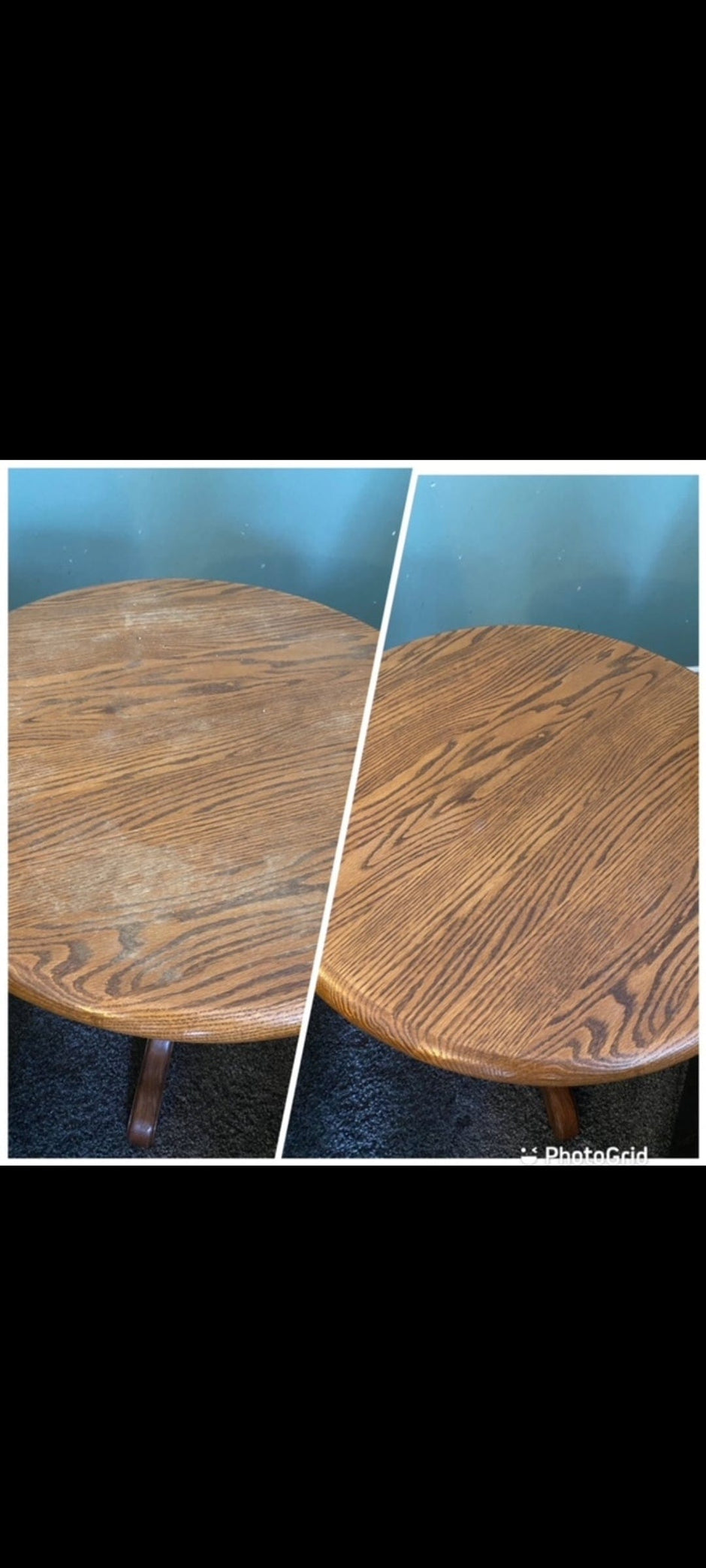 Side-by-side image of a wooden dining table before and after restoration. The left side shows a dull, cloudy finish with visible surface wear and fading, while the right side displays a rich, even sheen that enhances the natural wood grain after conditioning or refinishing.