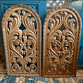 Load image into Gallery viewer, Two decorative wood panels with intricate flourishes carved in. Panel on the left hand side is before being treated with Leather better. The right panel shows the wood after being treated with Leather better.