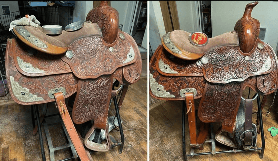 Before and after image of a restored Western leather saddle. The left side shows the saddle with faded leather, tarnished silver conchos, and surface dust. The right side displays the same saddle after restoration, featuring rich, polished leather, brightened silver accents, and a clean, well-conditioned appearance.