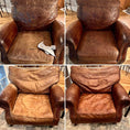 Load image into Gallery viewer, A four way split image showcases two large leather armchairs before and after being treated with Leather Better.