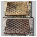 Load image into Gallery viewer, Two images of the same ottoman, the top image shows it faded before being treated with Leather Better. The bottom image shows the ottoman after being treated with Leather better.