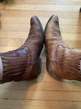 Load image into Gallery viewer, A pair of brown ankle cowboy boots. Boot on the left has been treated with Leather better, and the boot on the right shows what it looked like before being treated. Becky's five star review: "Giddy up! Very pleased with the product after using it for the first time. Shoes, boots, purses and chairs all look and feel revitalized. Highly recommend."
