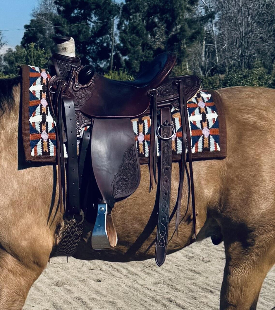 A Leather better treated dark brown western saddle on colourful blanket on top of tan brown horse. Diana's five star review: "Bought it Again. I use it on all my leather shoes, boots, saddle and bridles. I detailed my truck leather interior and dash with it. I keep one tin at the barn and one in the garage so I can touch up shoes quickly before leaving the house!"