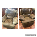 Load image into Gallery viewer, Left side displays a worn leather recliner before being treated with Leather better. Right side displays the results of same recliner after being treated with Leather better.