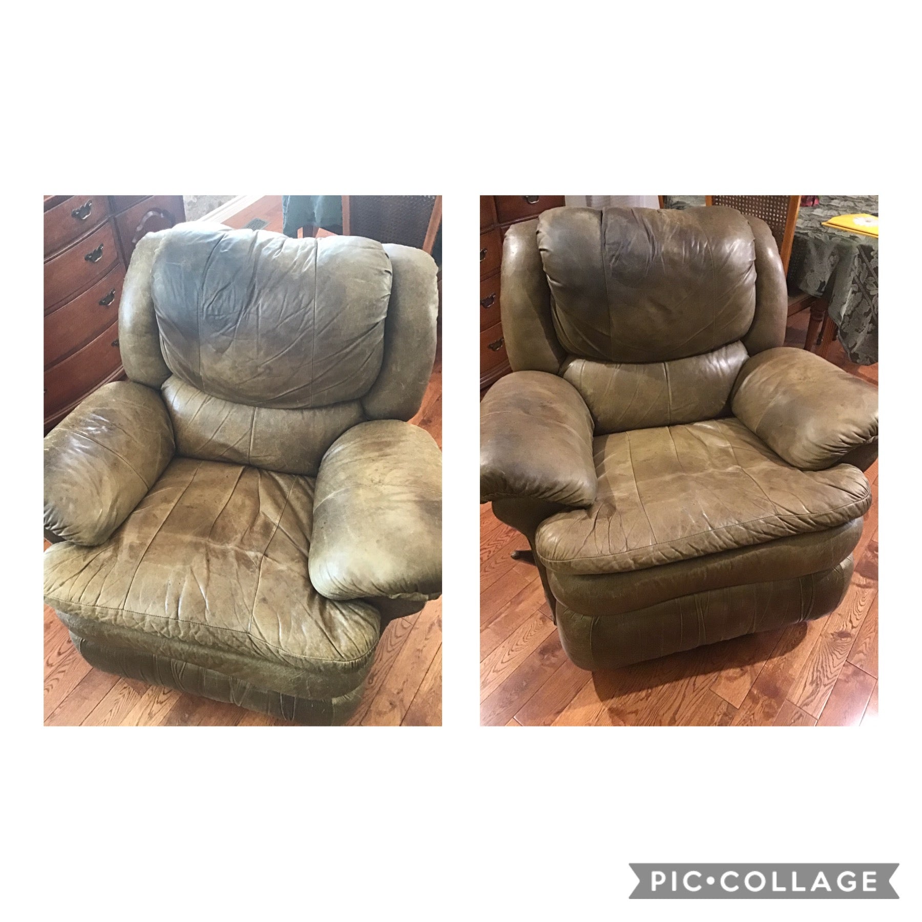 Left side displays a worn leather recliner before being treated with Leather better. Right side displays the results of same recliner after being treated with Leather better.