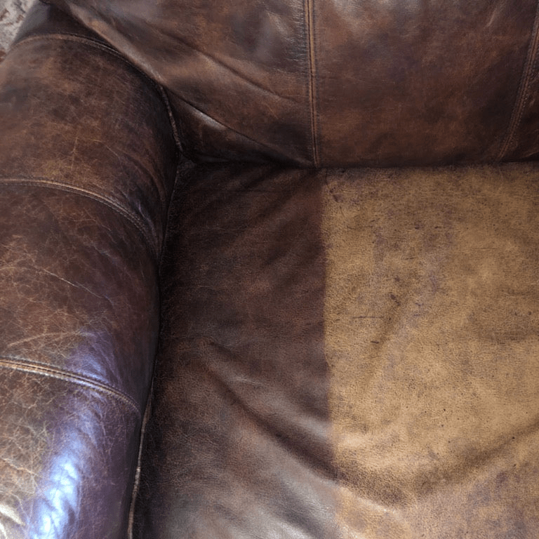 Dark brown leather couch with arm and partially treated seat cushion treated with Leather better. Satisfied customer Lisa W left a review of "For once the ad was legit! This stuff really works. I used it on a chair I was ready to throw out and boom! It has a few more years in it. Using Leather Better on all my leather products now."