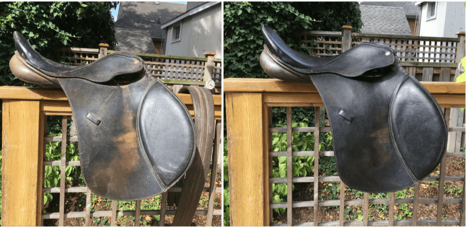 Side-by-side image of a black English riding saddle before and after restoration. The left side shows the saddle with heavy wear, fading, and dry patches across the leather. The right side displays the same saddle after conditioning, now with a deeper colour, smoother finish, and even tone, highlighting the transformation.