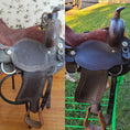 Load image into Gallery viewer, Contains a before and after of a saddle. Left side is a red and dark brown leather saddle before being treated with Leather better. The right side shows the same red and dark brown leather saddle after being treated with Leather better.
