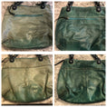 Load image into Gallery viewer, A four way split image of a green handbag being restored.  Images of both the front and the back for before and afters.  The difference is striking - the rich green has been brought back!
