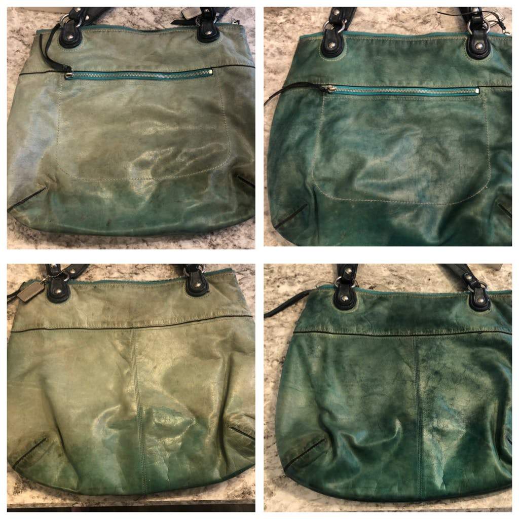 A four way split image of a green handbag being restored.  Images of both the front and the back for before and afters.  The difference is striking - the rich green has been brought back!