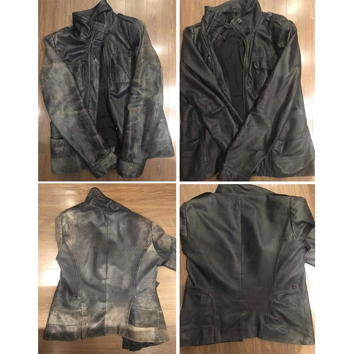 The image is a 4four way split showcasing the front and sleeves before and after in the top quadrants and the backs before and after respectfully in the bottom two quadrants.  Leather Better did a great job moisturizing, restoring the colour and even removed some stains.