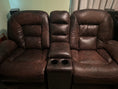 Load image into Gallery viewer, A rich dark brown leather love seat recliner after being treating with Leather Better.
