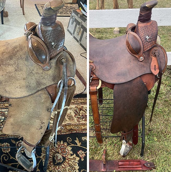 Two images of a tan and brown leather saddle. The left image of the saddle shows it before being treated with Leather better. The right image of the saddle is after being restored and treated with leather better.
