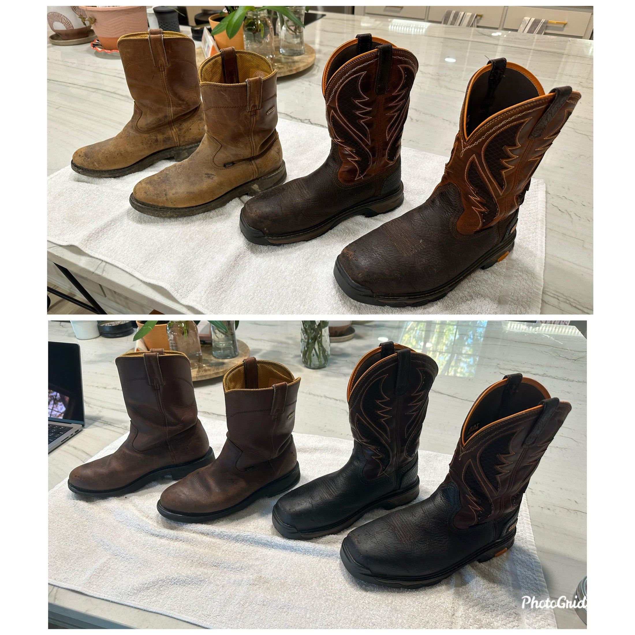 A split image of two pairs of boots.  Top is prior to treatment and bottom is after being treated with Leather Better.