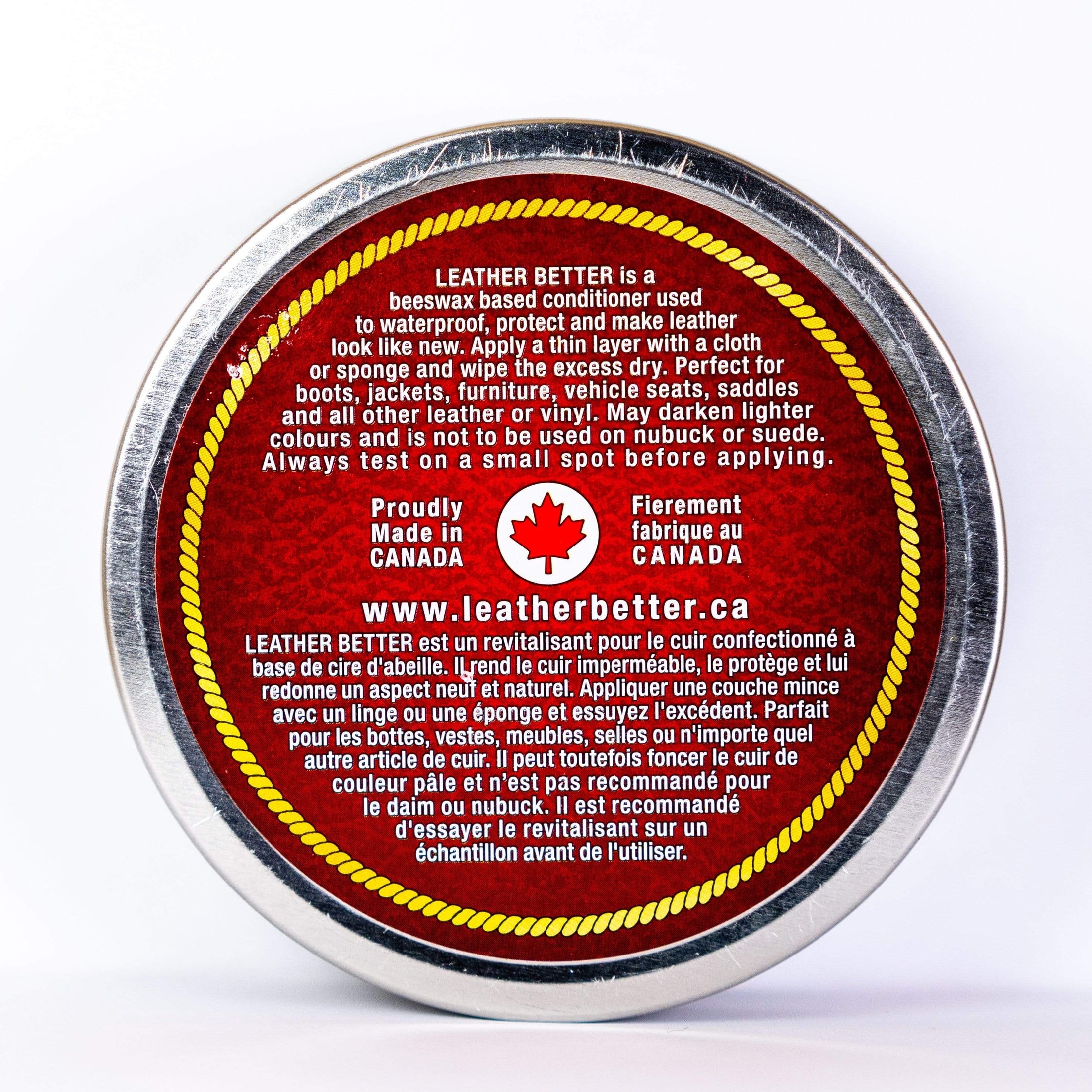 Bottom of the Leather Better container including ingredients and directions.